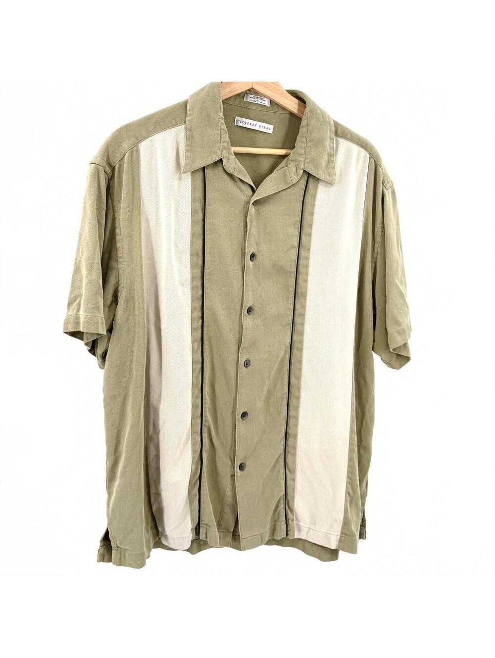 Vintage 90s Geoffrey Beene Olive Silk Stripe Bowling Shirt